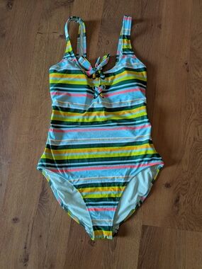 aerie Striped One-Piece Swimsuit in Aqua, Yellow, Green, Coral